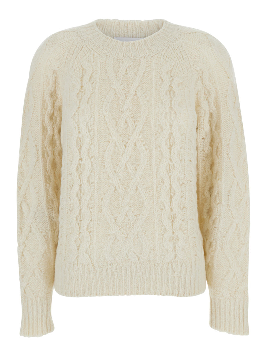 White Crew Neck Wool Sweater With Braided Design Tops