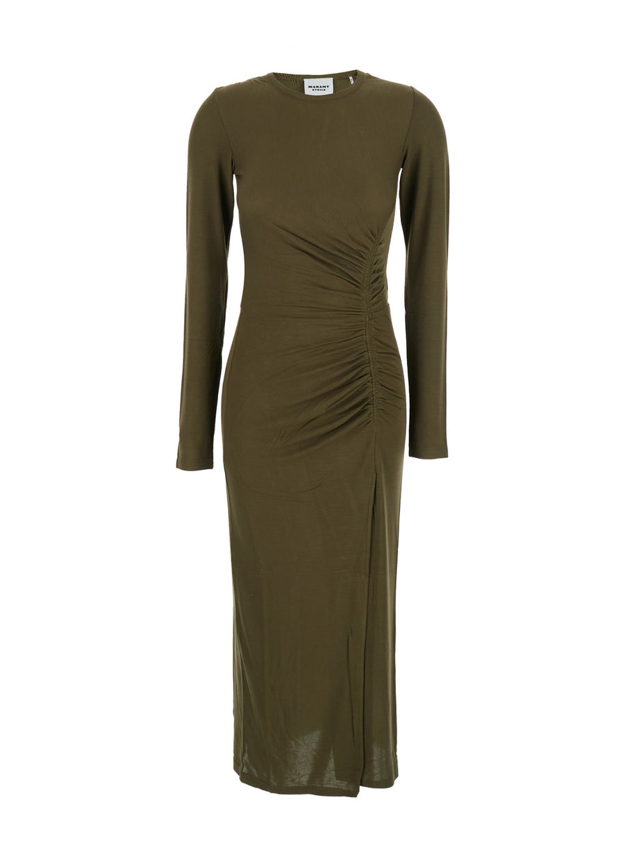 Green Midi Dress With Round Neck And Ruched Details Modal