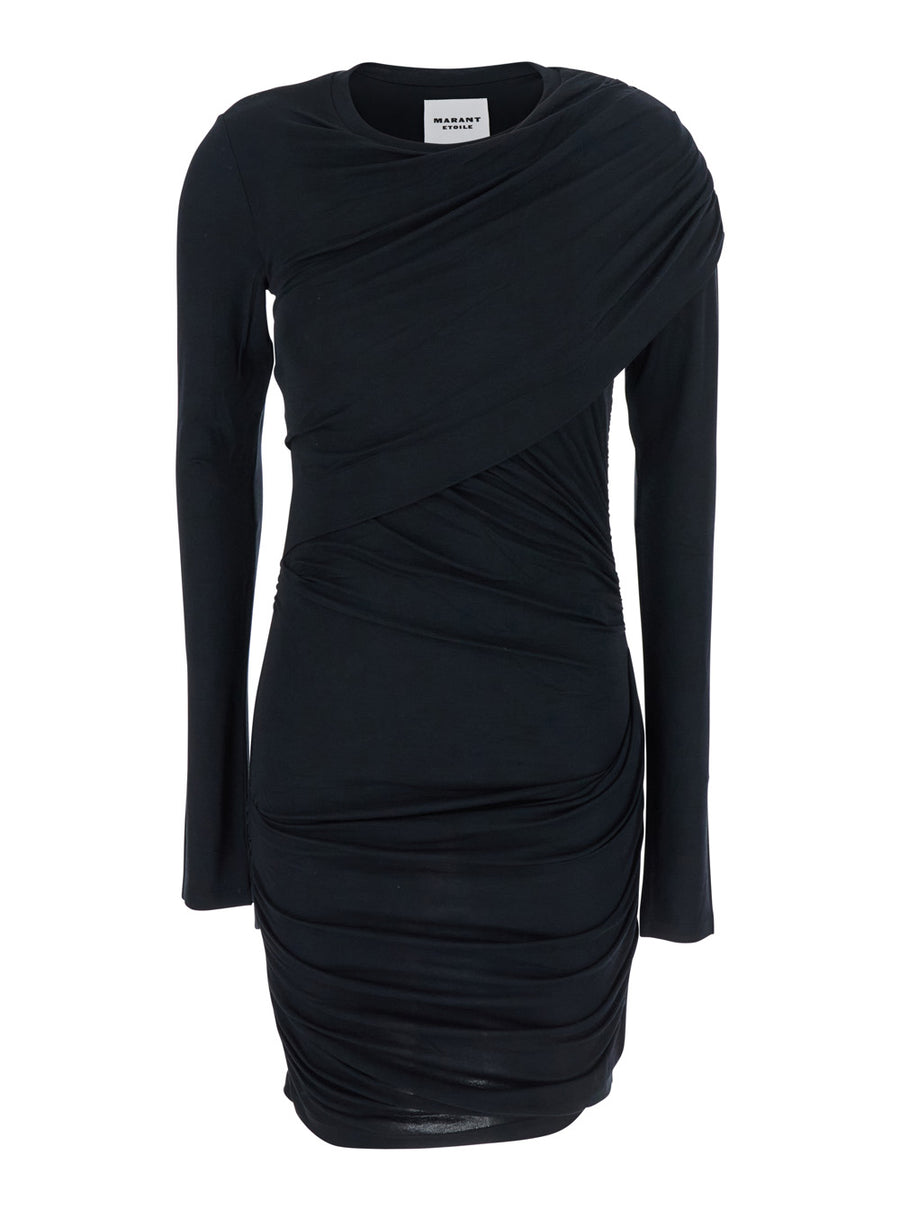 Black Dress With Round Neckline And Ruffle Design Fabric