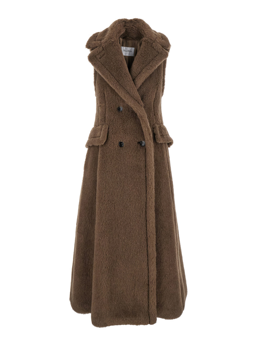 Brown Sleeveless Coat With Wide Lapels Alpaca