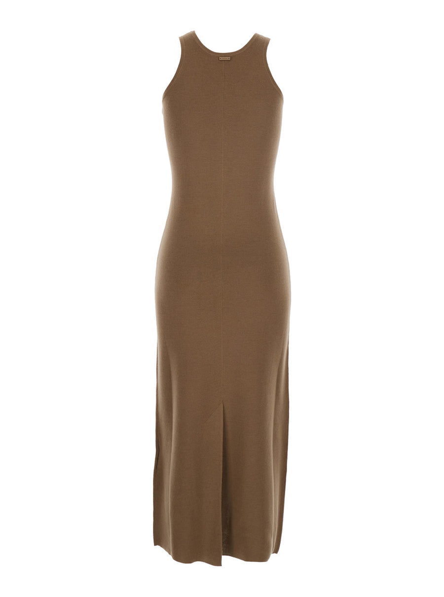 Brown Dress With Round Neck And Slit Virgin Wool