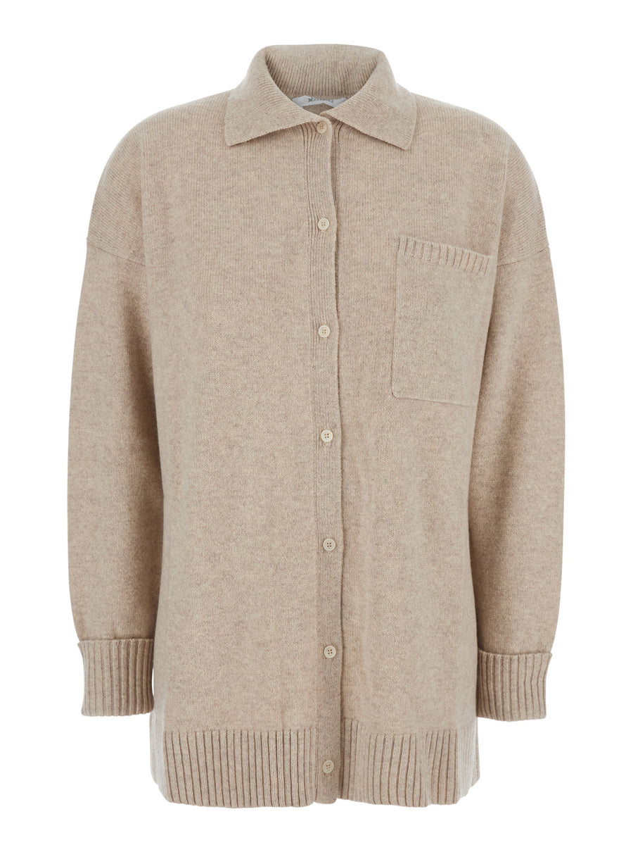 Beige Cashmere Cardigan With Classic Collar Tops