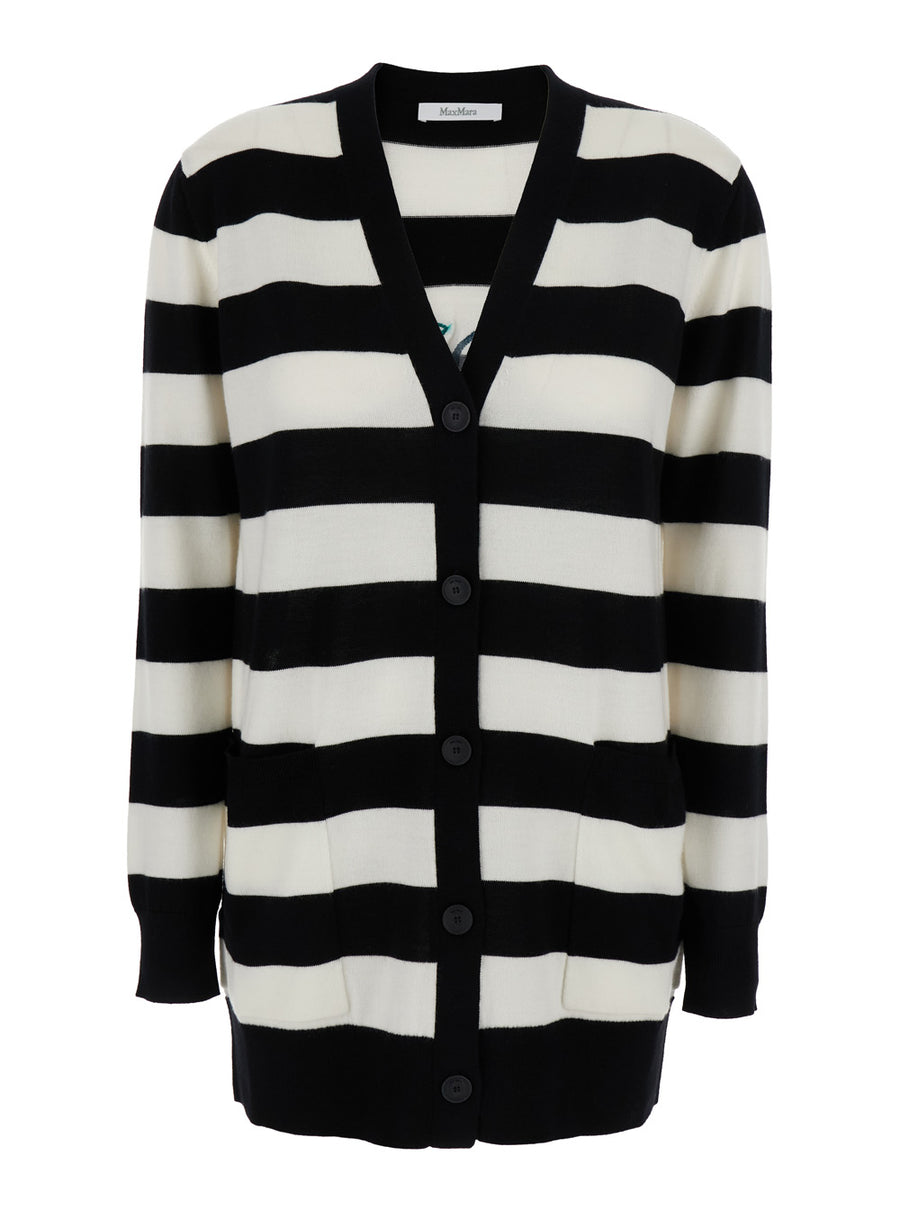 Black And White Wool Cardigan With Embroidery White/black Virgin Tops