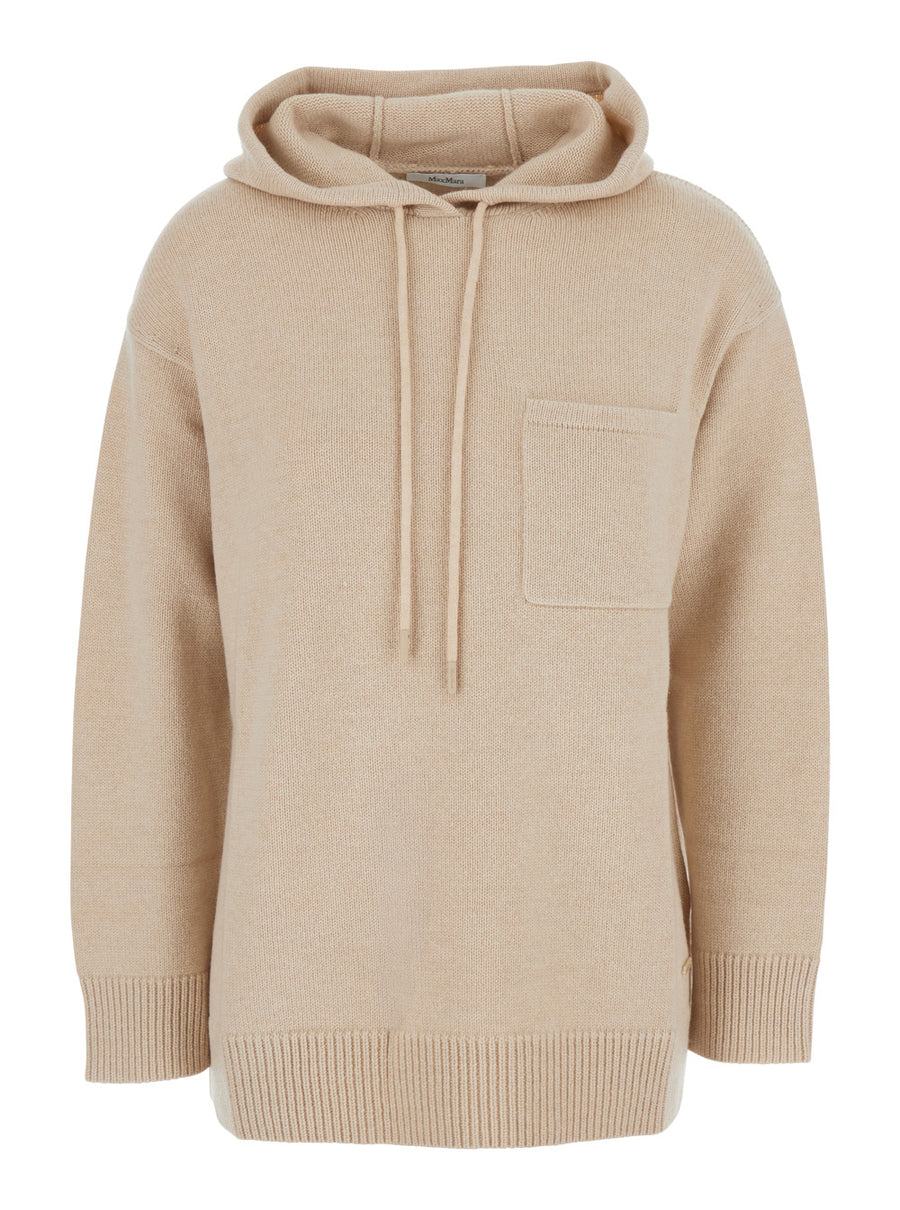 Beige Sweater With Drawstring Hood Wool Tops