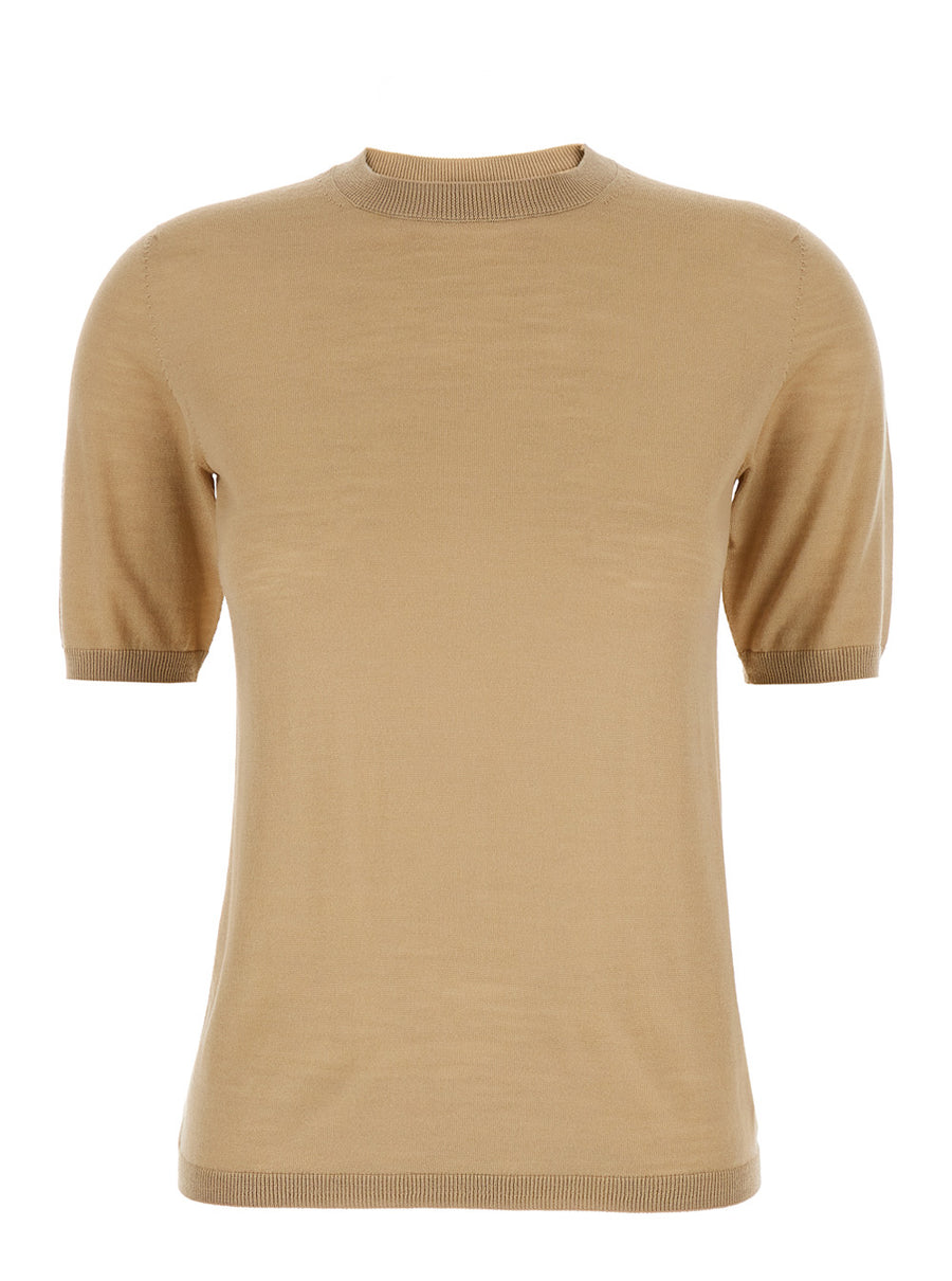 Beige Crewneck Sweater With Short Sleeves Virgin Wool Tops