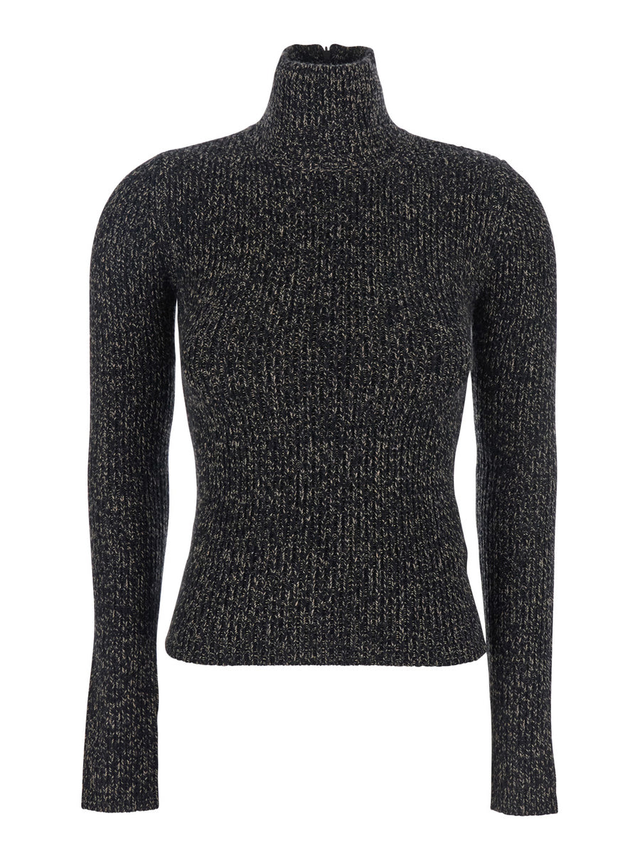 Grey Turtleneck Sweater With Ribbed Design Wool Tops