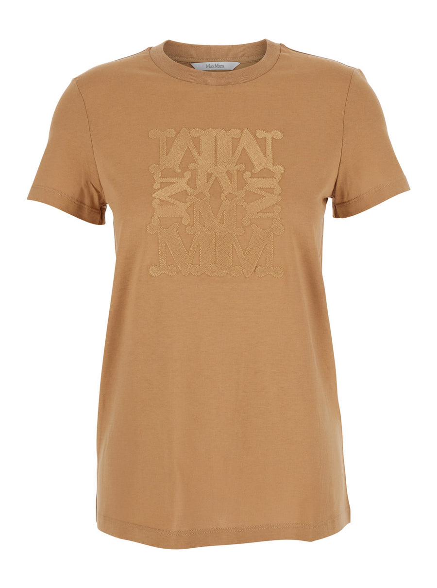 Beige Crewneck T-Shirt With Logo Embroidery Cotton T-shirts & Jerseys