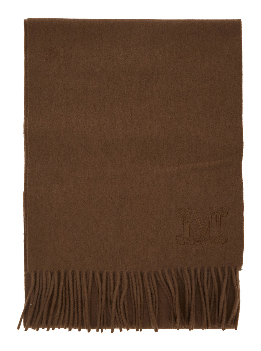 Brown Rectangular Scarf With Logo Embroidery Cashmere