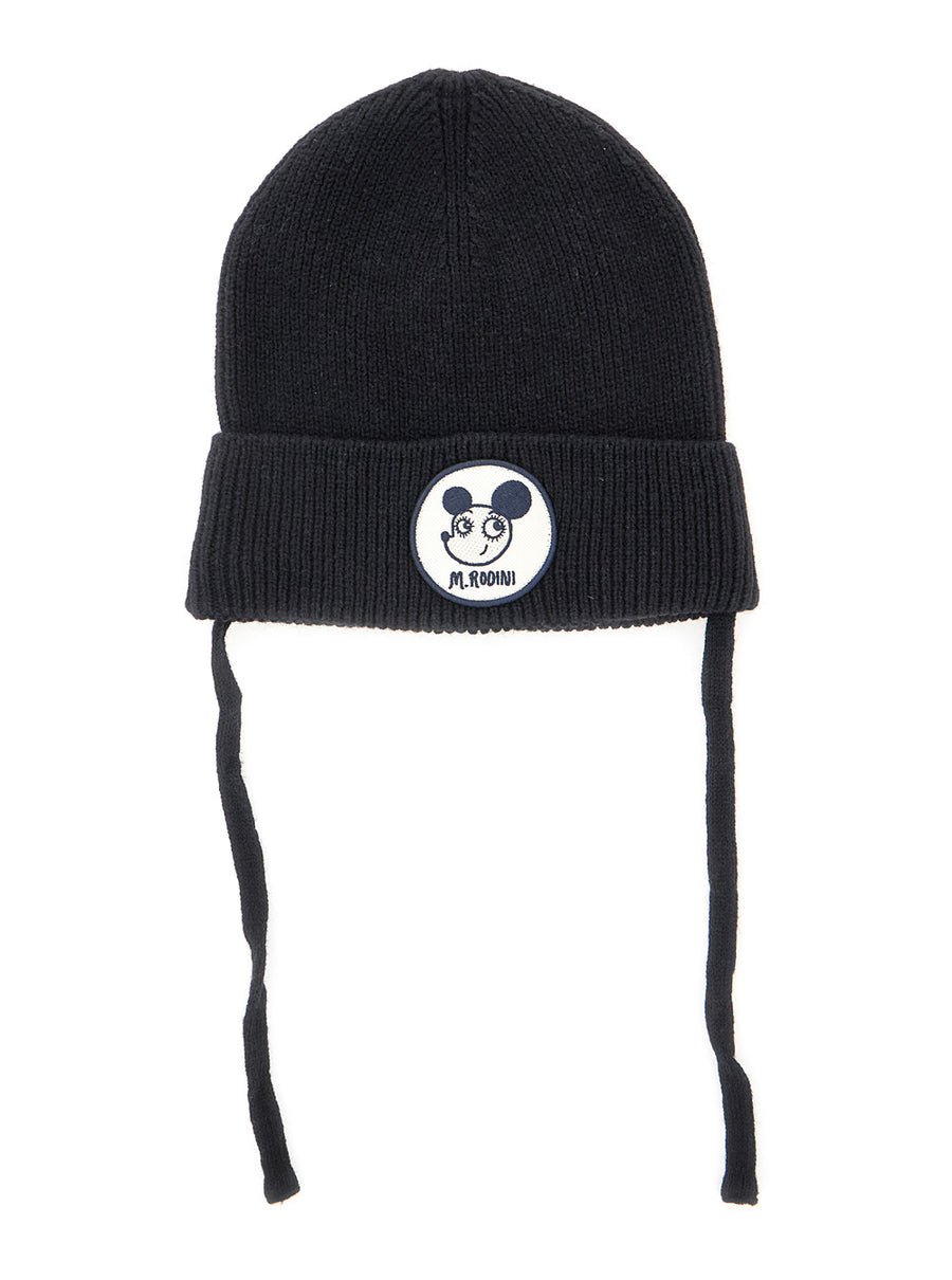 Black Beanie With Drawstring And Logo Patch Wool Blend Hat