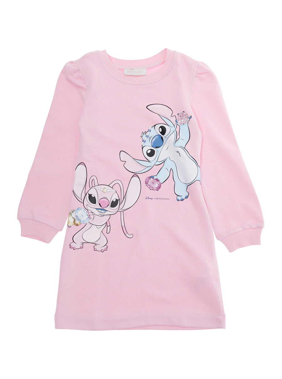 Pink Crew Neck Dress With Stitch Print Cotton