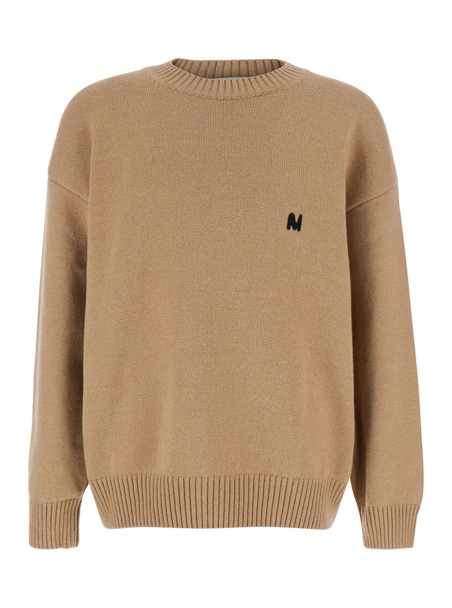 Beige Crew Neck Sweater With Front Logo Merino Wool Tops