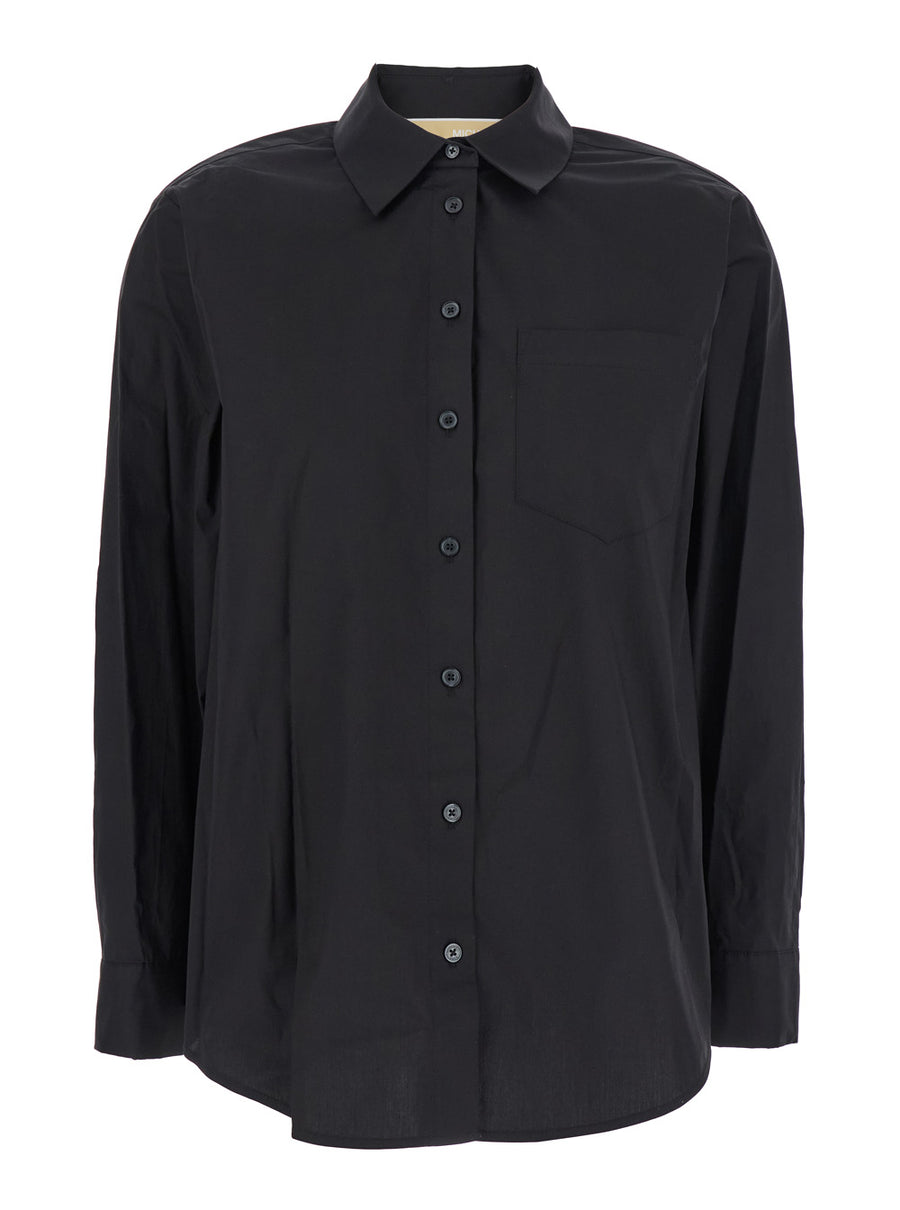 Black Cotton Shirt With Button-Down Collar Organic Elastane Blouses