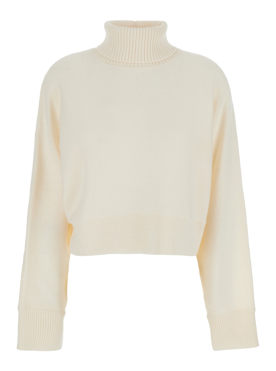 White Cropped Turtleneck Sweater With Logo Plaque Merino Wool Tops