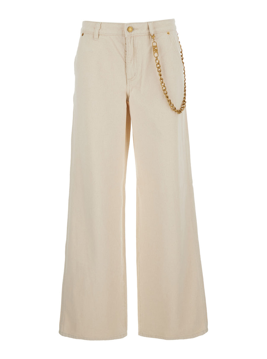 Beige Wide Leg Jeans With Chain Detail Cotton