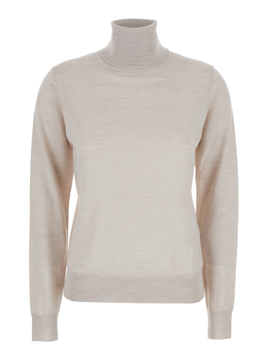 Beige Turtleneck Sweater Wool Tops