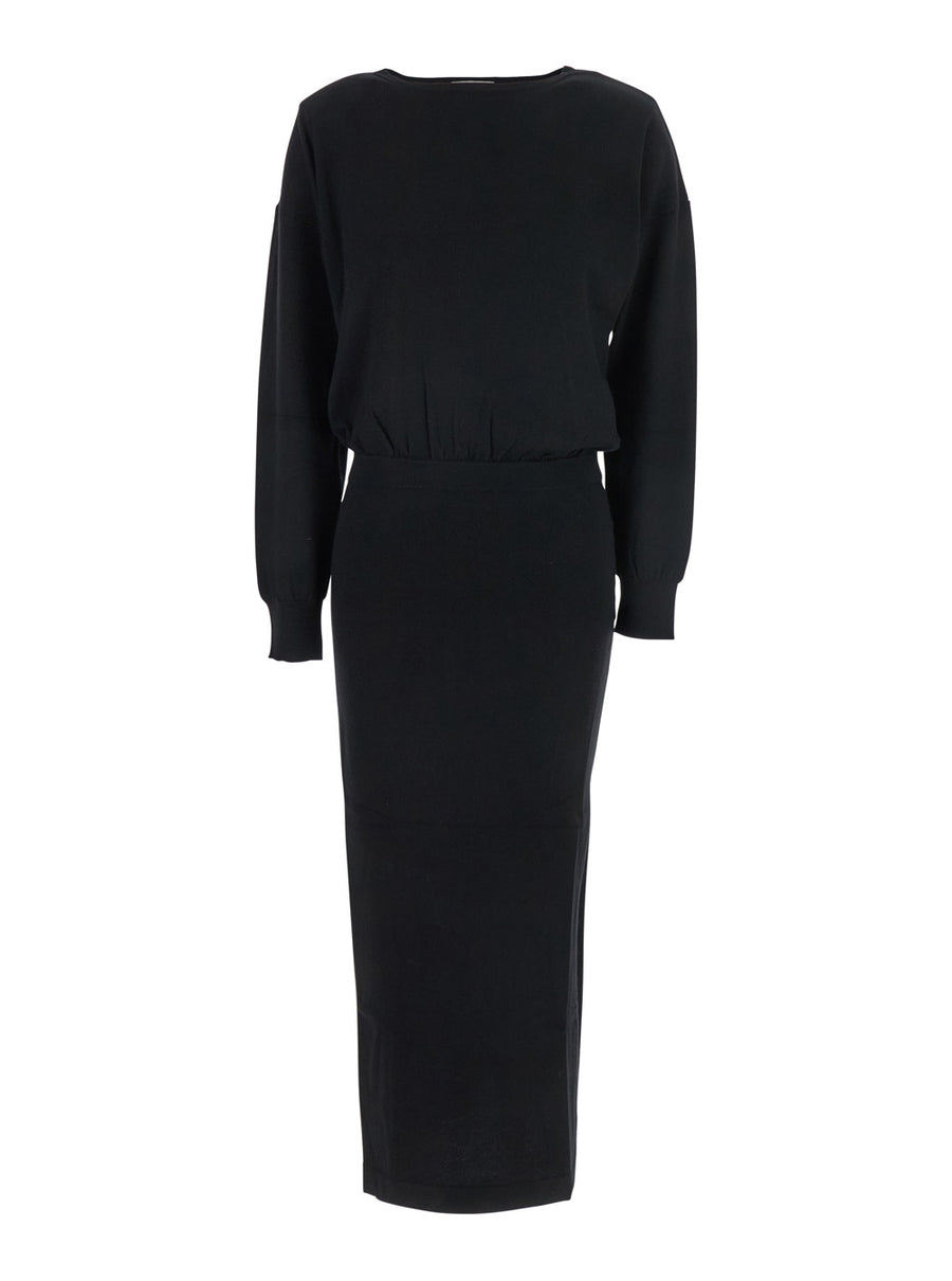 Black Round Neck Dress With Draped Waist Wool