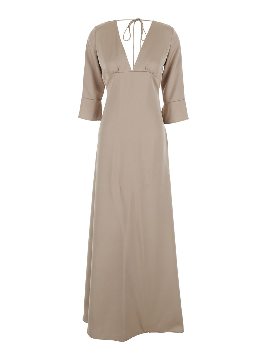 Beige Maxi Dress With V Neck And Bow Polyester