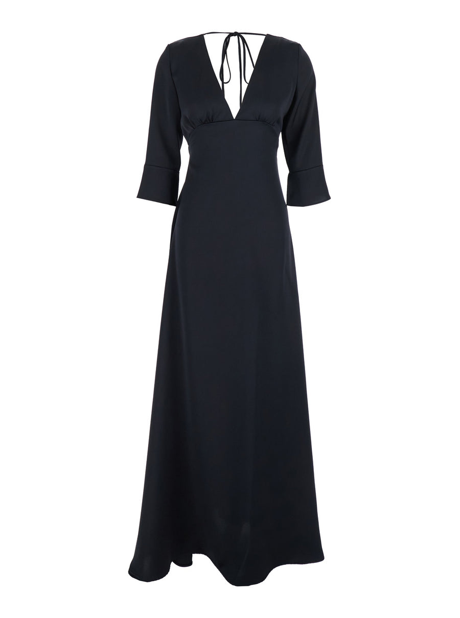 Black Maxi Dress With V Neck And Bow Polyester