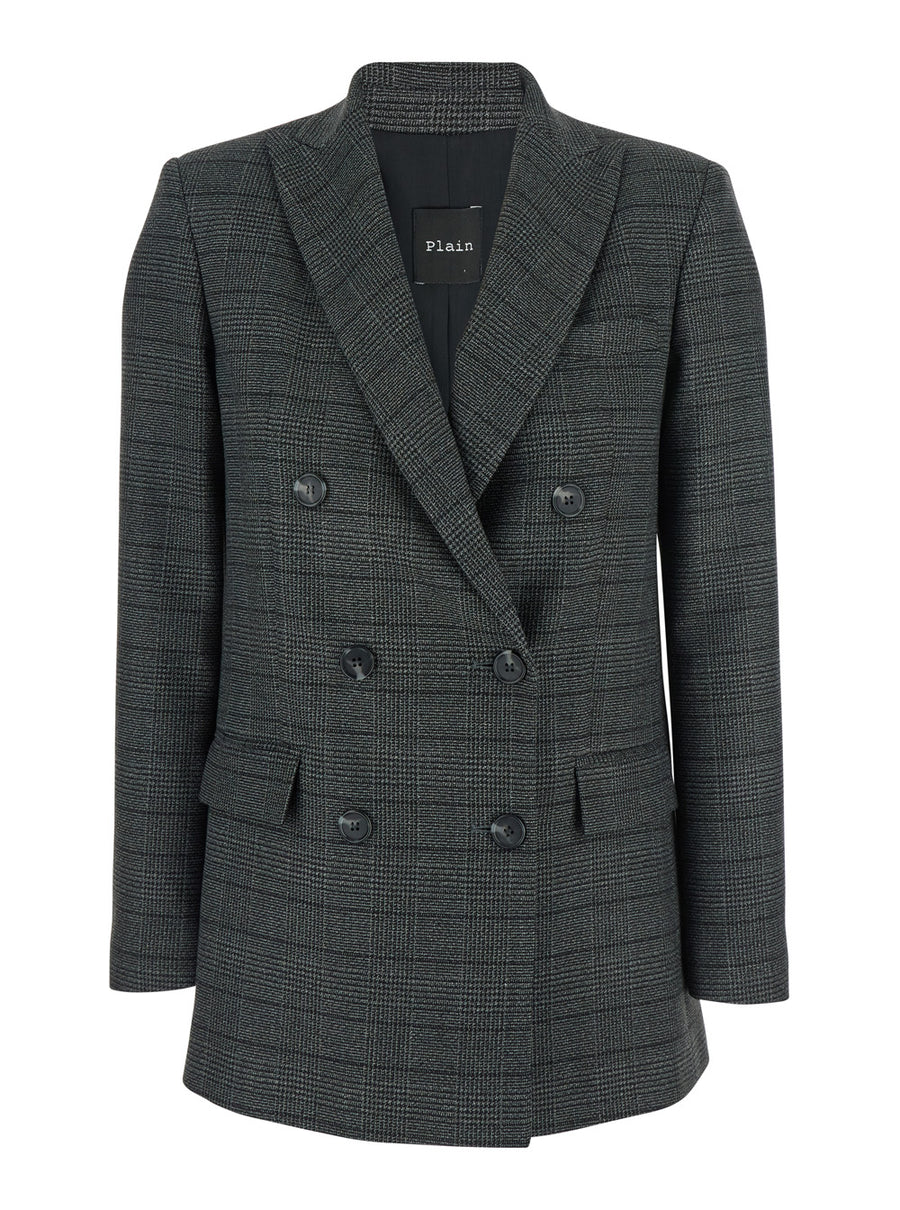 Grey Double-Breasted Jacket With Stripes Polyester Blazers