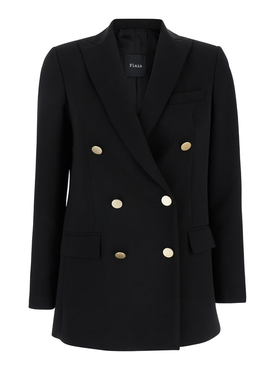 Black Double-Breasted Jacket With Golden Buttons Polyester Blazers
