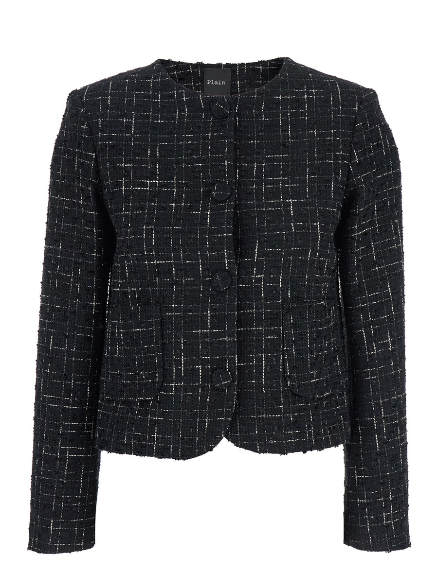 Black Tweed Jacket With Round Neck Polyester Blazers