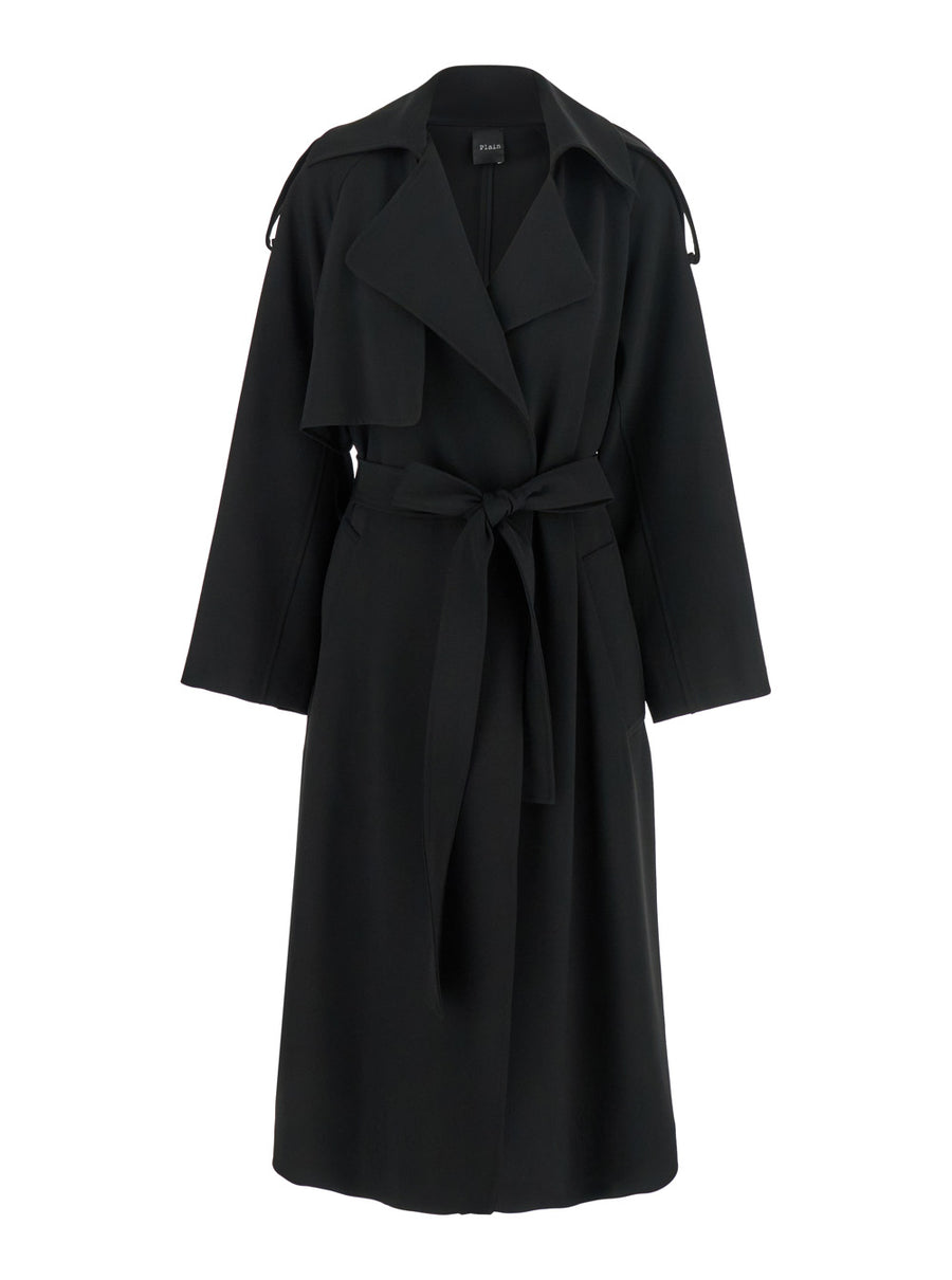 Black Double-Breasted Trench Coat With Belt Polyester
