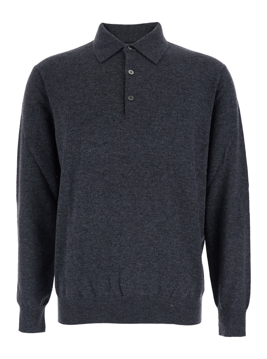 Grey Wool Blend Sweater With Polo Collar