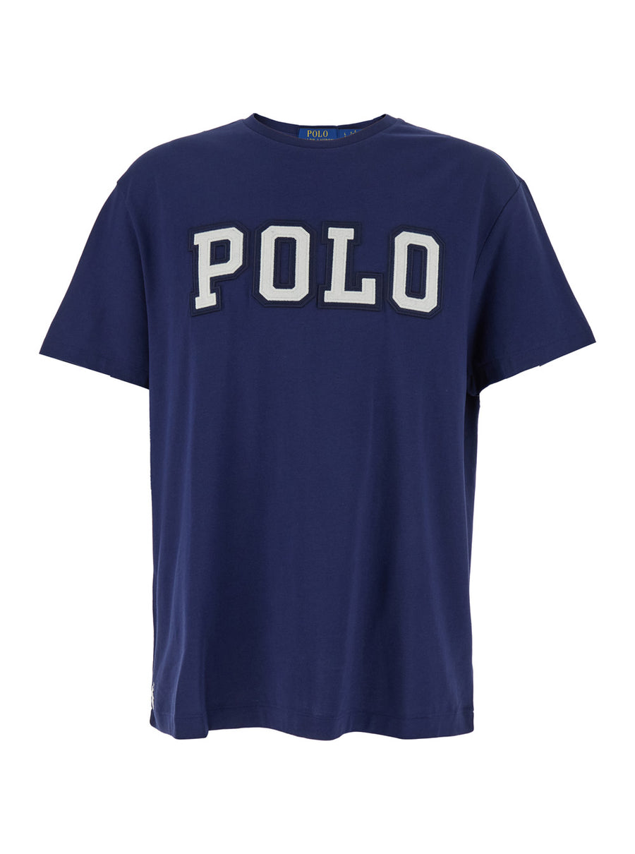 Blue Crewneck T-Shirt With Logo And Embroidery Cotton T-shirts