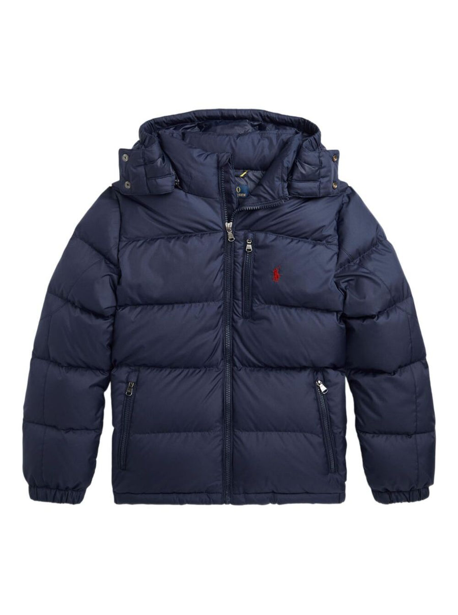 Blue Down Jacket With Fixed Hood Polyester Padded