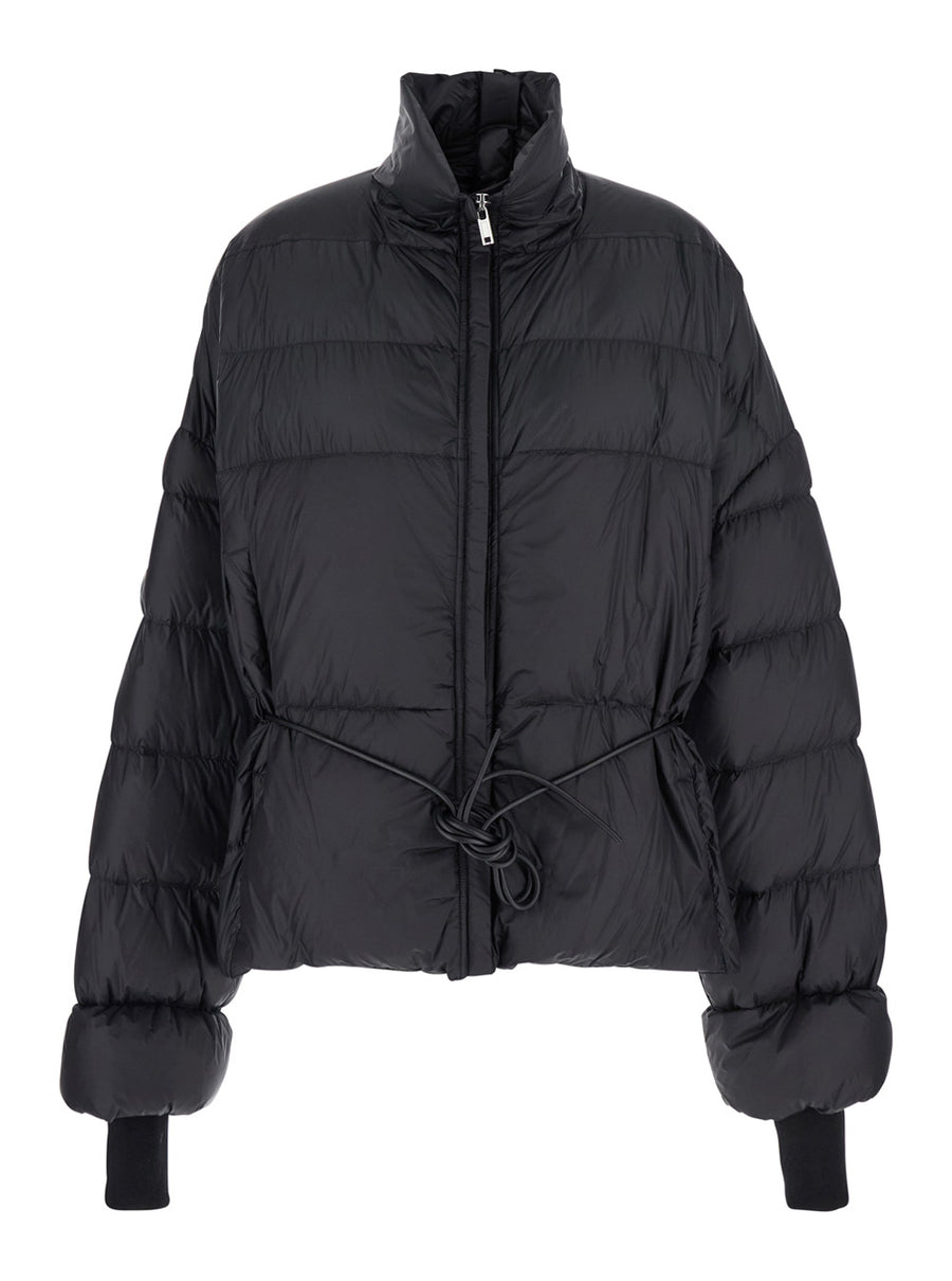 Black Down Jacket With Drawstring Waist Nylon Puffer