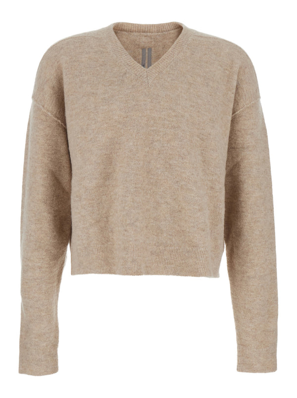 Beige Wool Blend V Neck Sweater Alpaca Tops