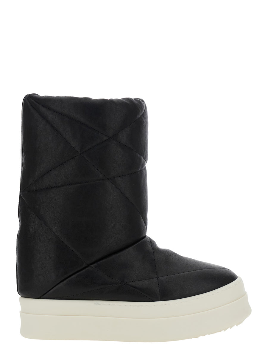 Black Down Filled Quilted Ankle Boots Leather