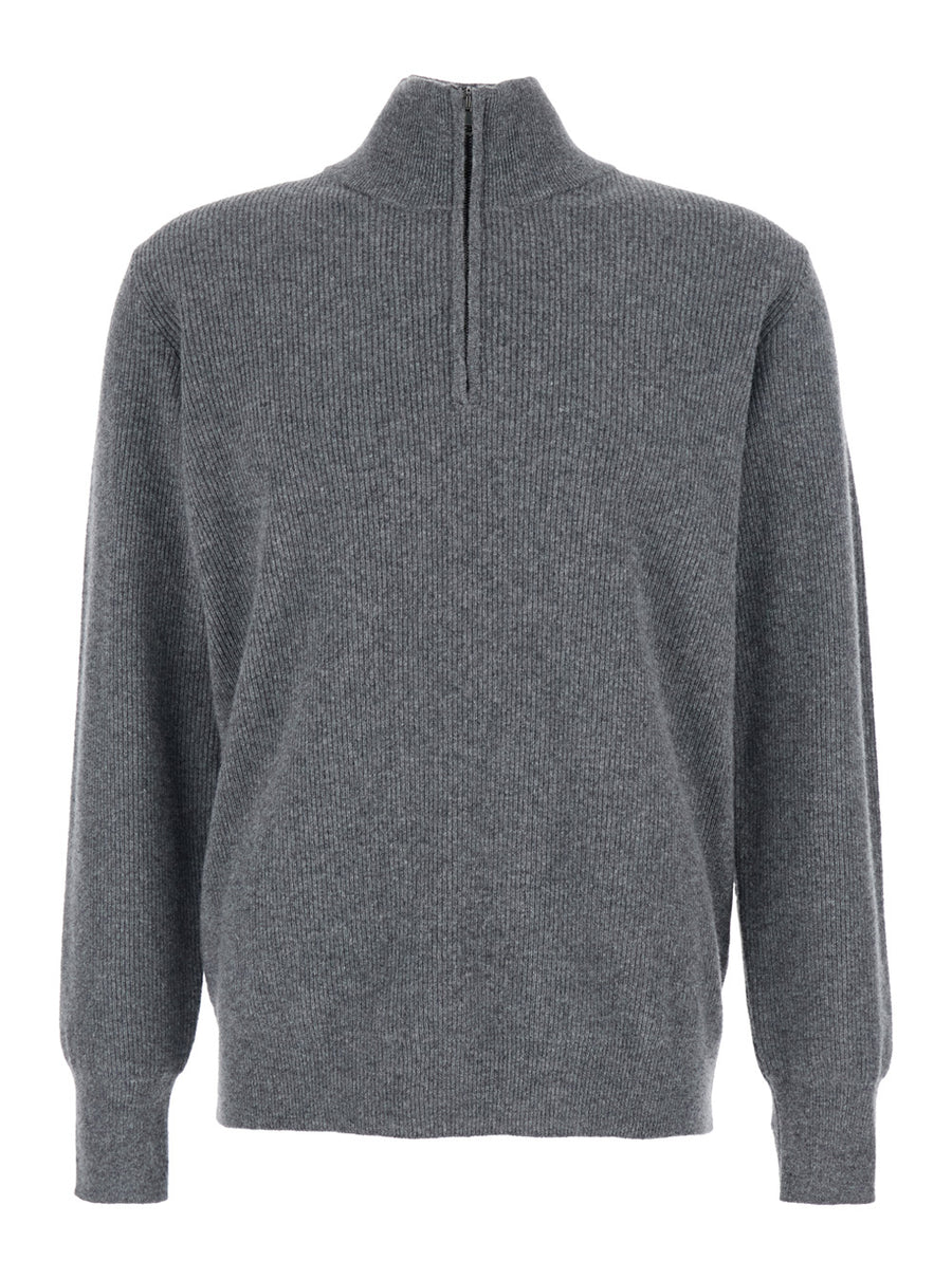 Grey Ribbed Knit Sweater With High Neck Wool Tops