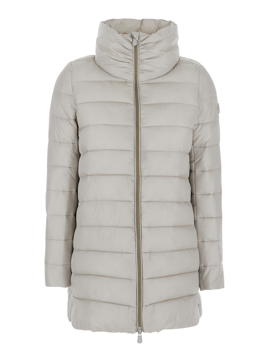Beige Down Jacket With High Neck And Logo Patch Tech Fabric Puffer