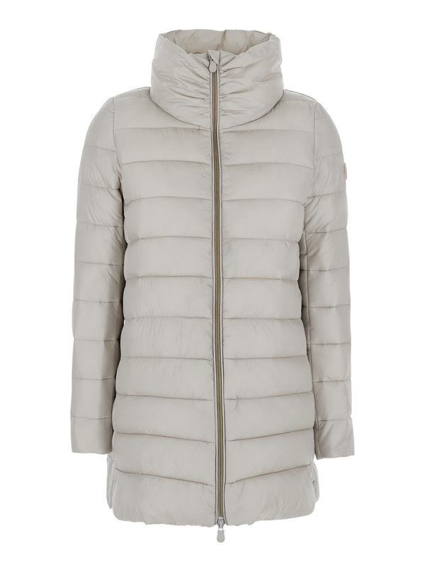 Beige Down Jacket With High Neck And Logo Patch Tech Fabric Puffer