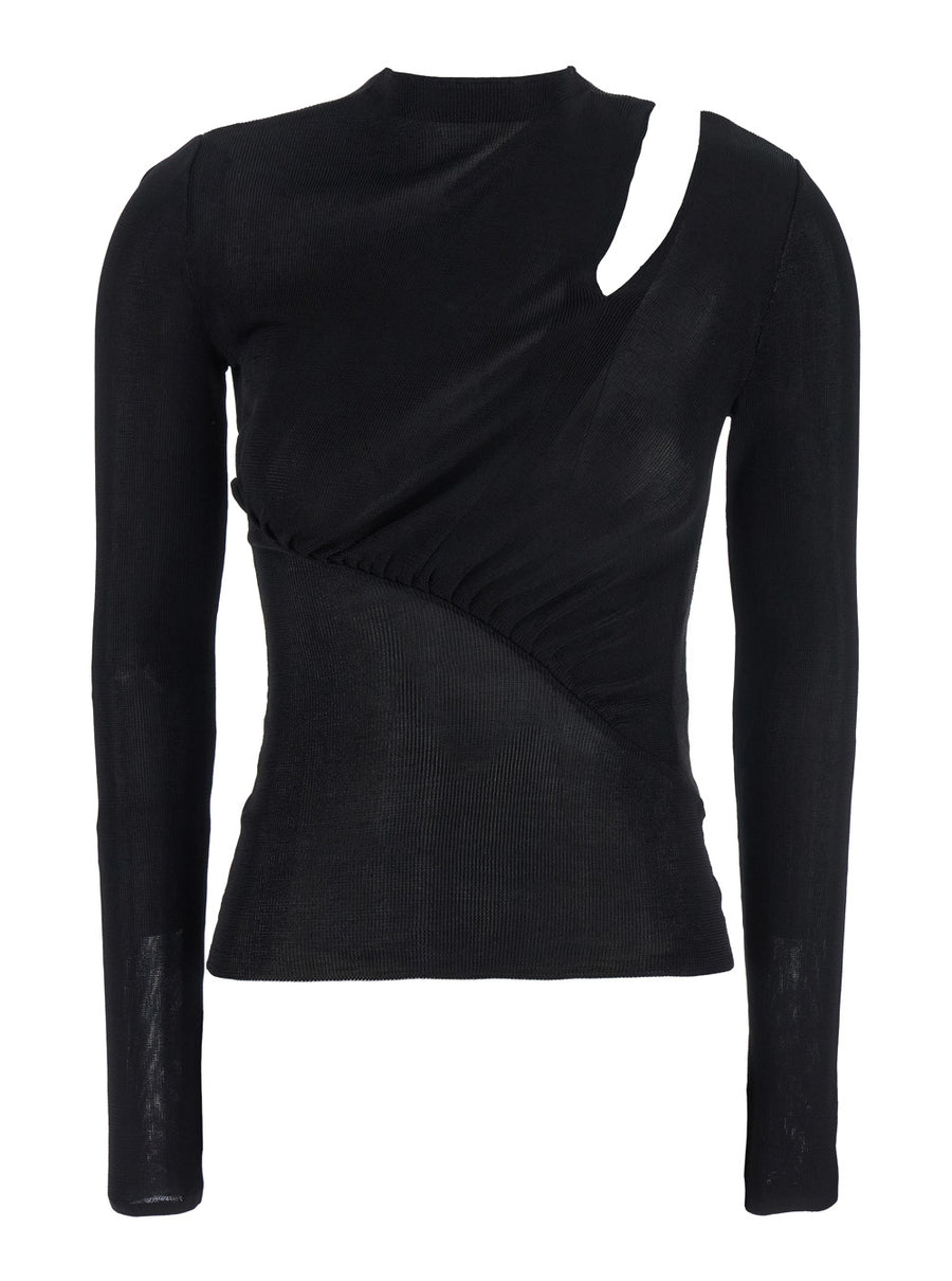 Black Long-Sleeve Top With Cut-Out Detail Viscose Tops