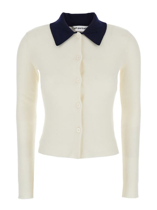 White Cropped Cardigan With Collar Wool Tops