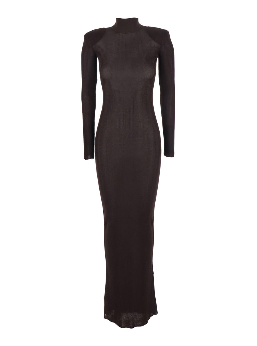 Brown Turtleneck Long Dress With Shoulder Pads Viscose