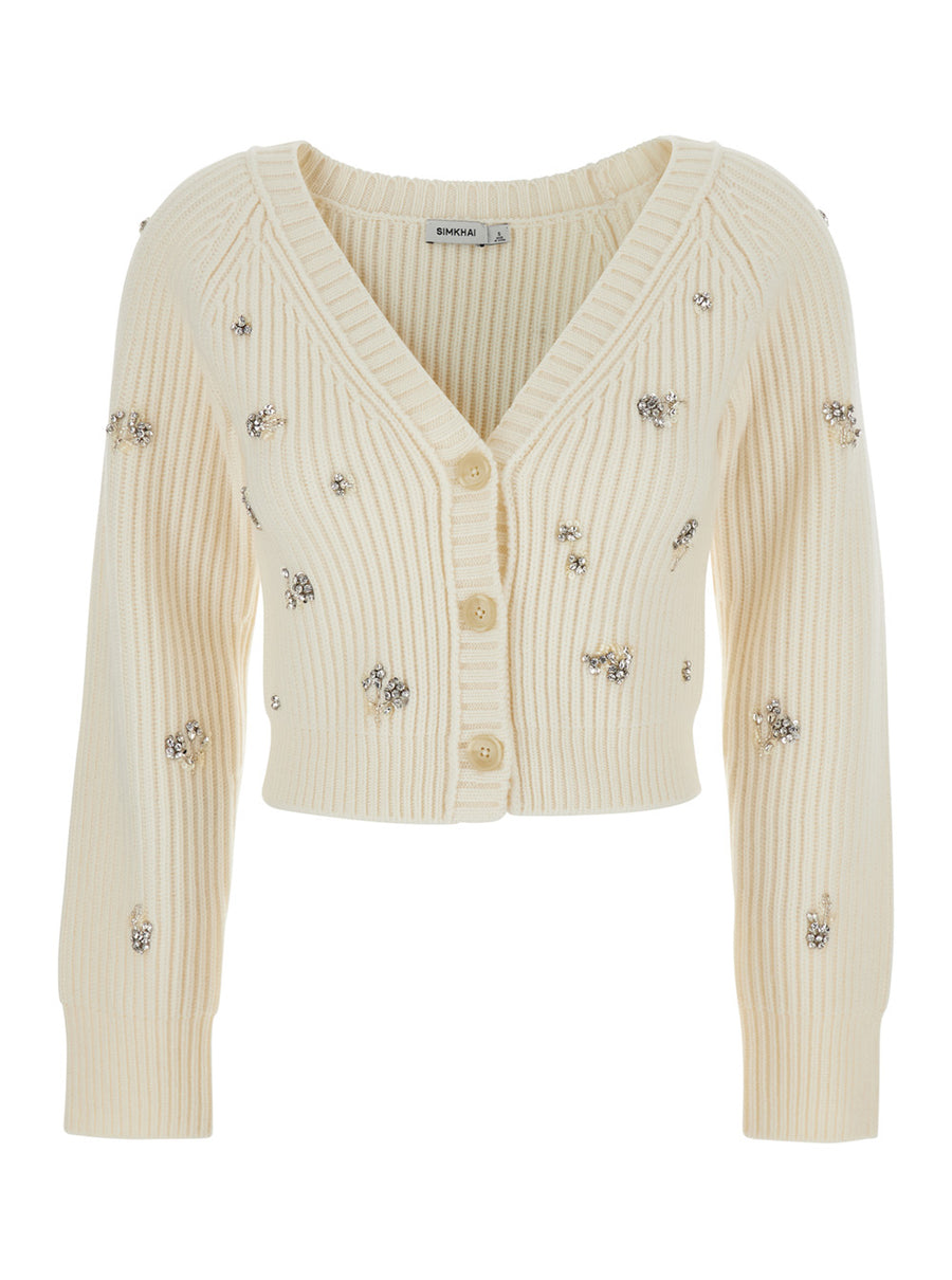 White Cropped Rhinestoned Cardigan With V Neck Wool Tops