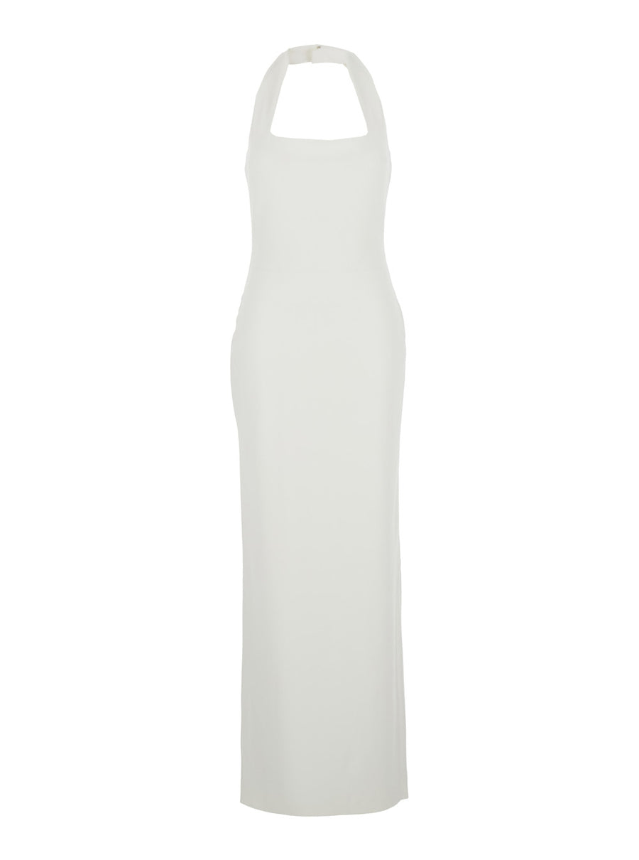 White Long Dress With Square Neckline Polyester