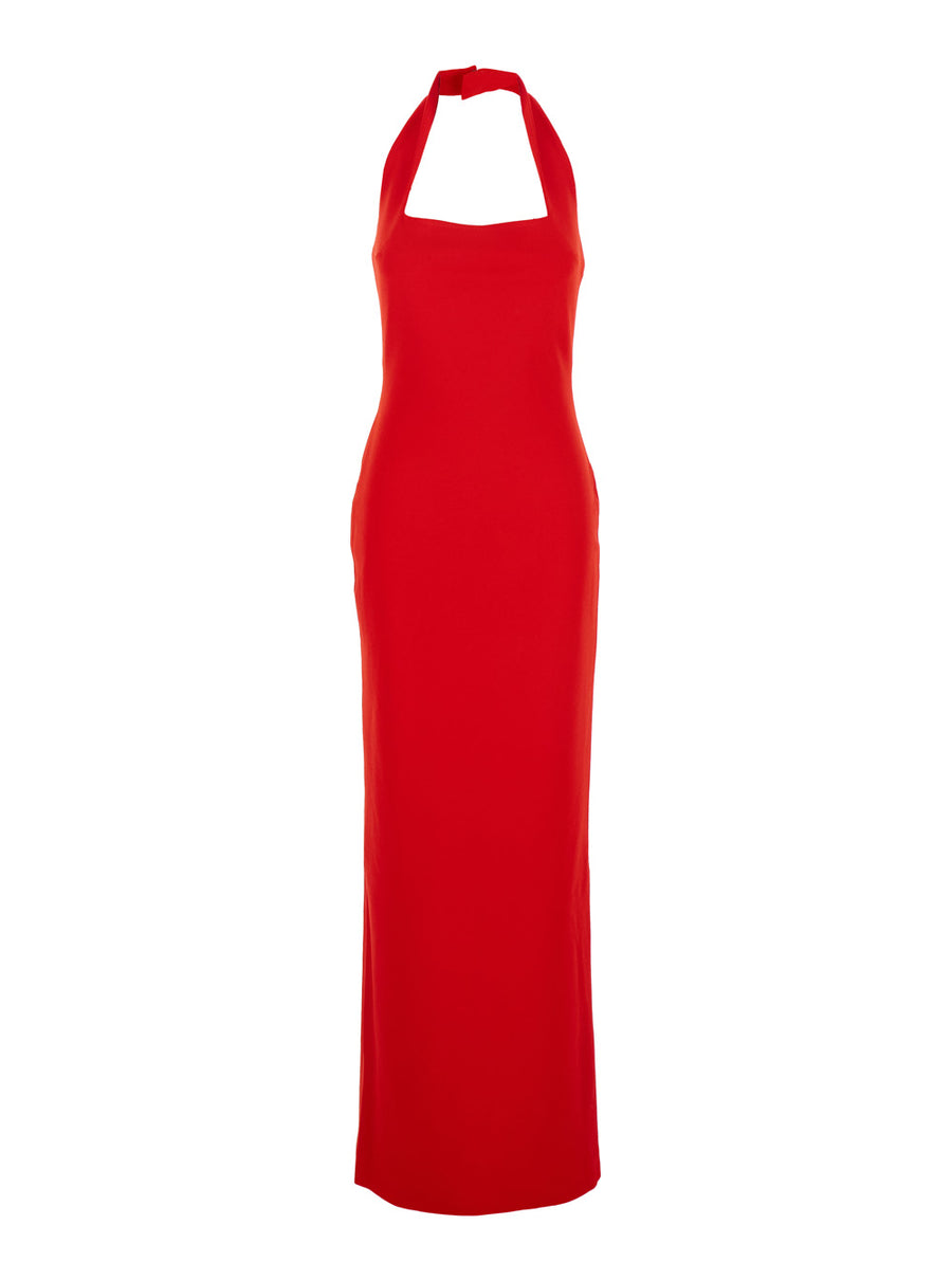 Red Long Dress With Square Neckline Polyester