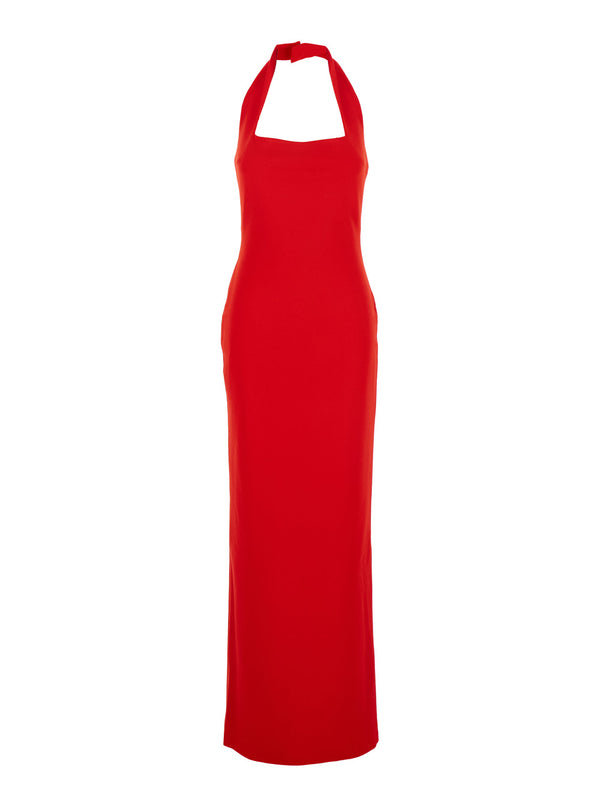 Red Long Dress With Square Neckline Polyester