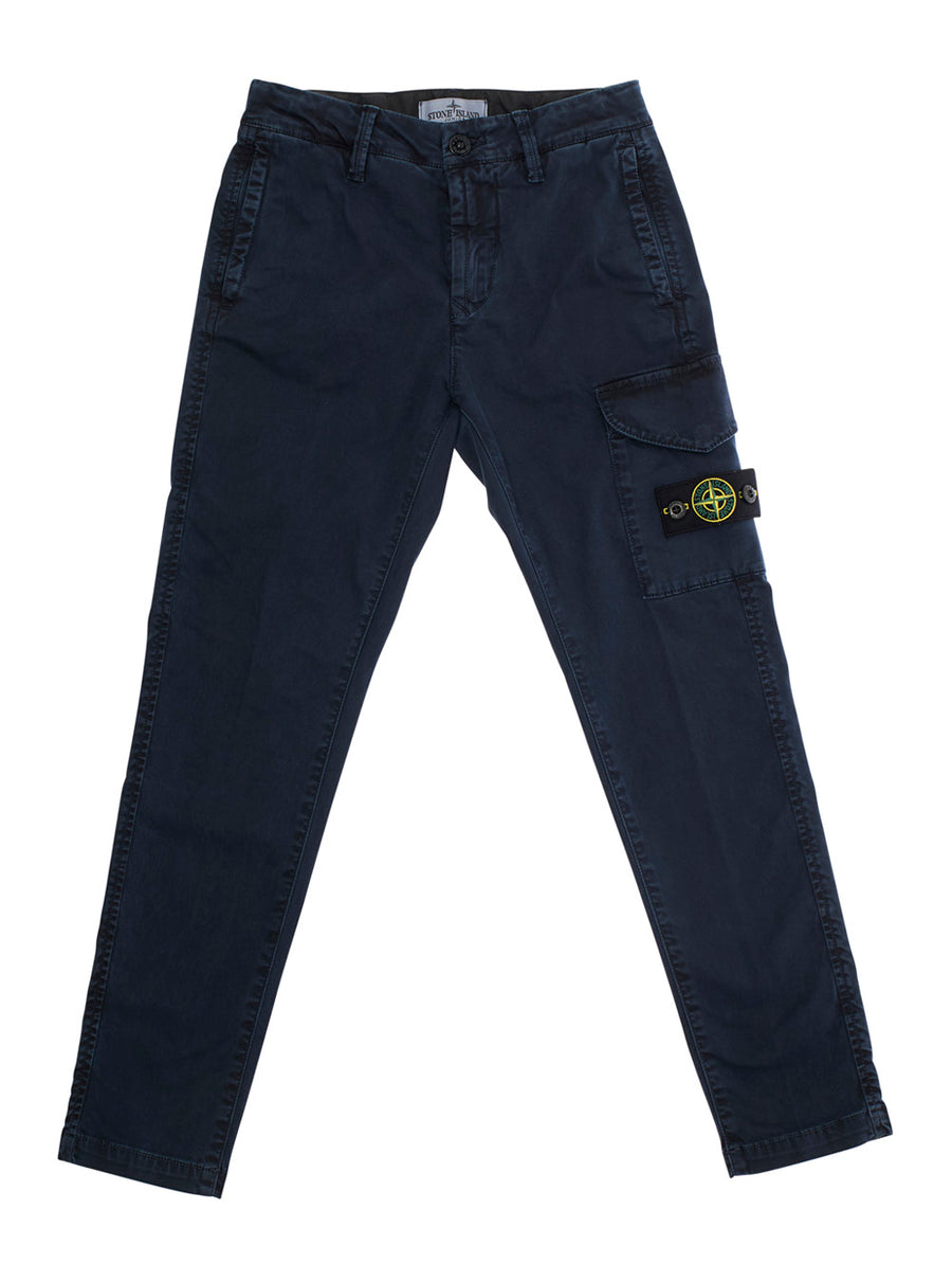 Blue Pants With Cargo Pocket And Logo Patch Cotton Trousers
