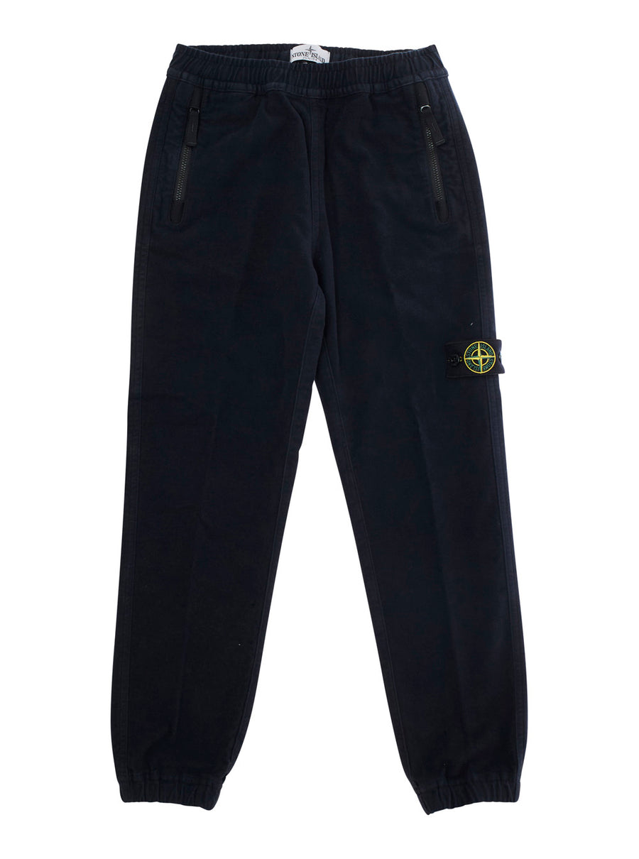 Blue Pants With Elastic Waist And Logo Patch Cotton Trousers