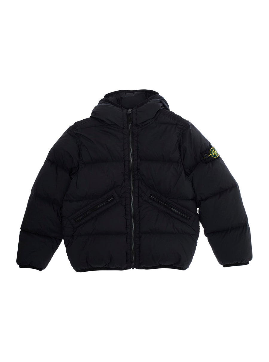 Black Down Jacket With Fixed Hood Polyamide Fibers Padded