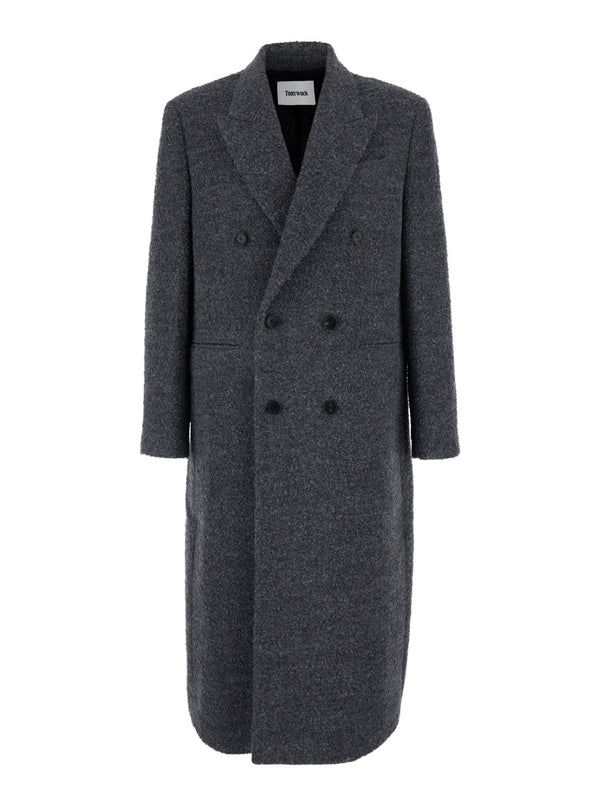 Grey Double-Breasted Coat With Classic Lapels Wool