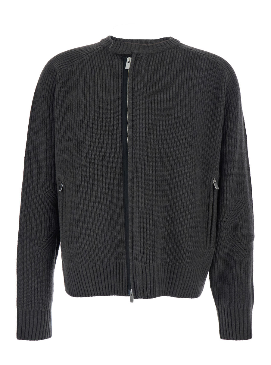 Grey Crew Neck Cardigan With Ribbed Design Merino Wool Tops