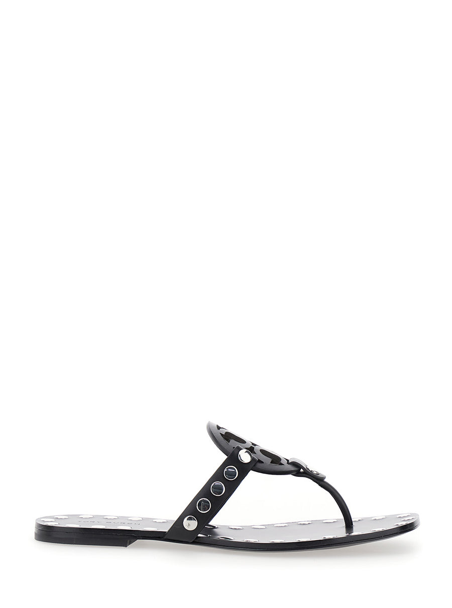 Black Thong Sandals With Logo And Studs Cow