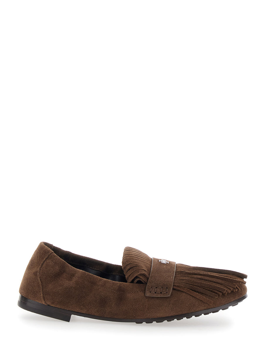 Brown Suede Loafers With Fringe And Metallic Logo Calf