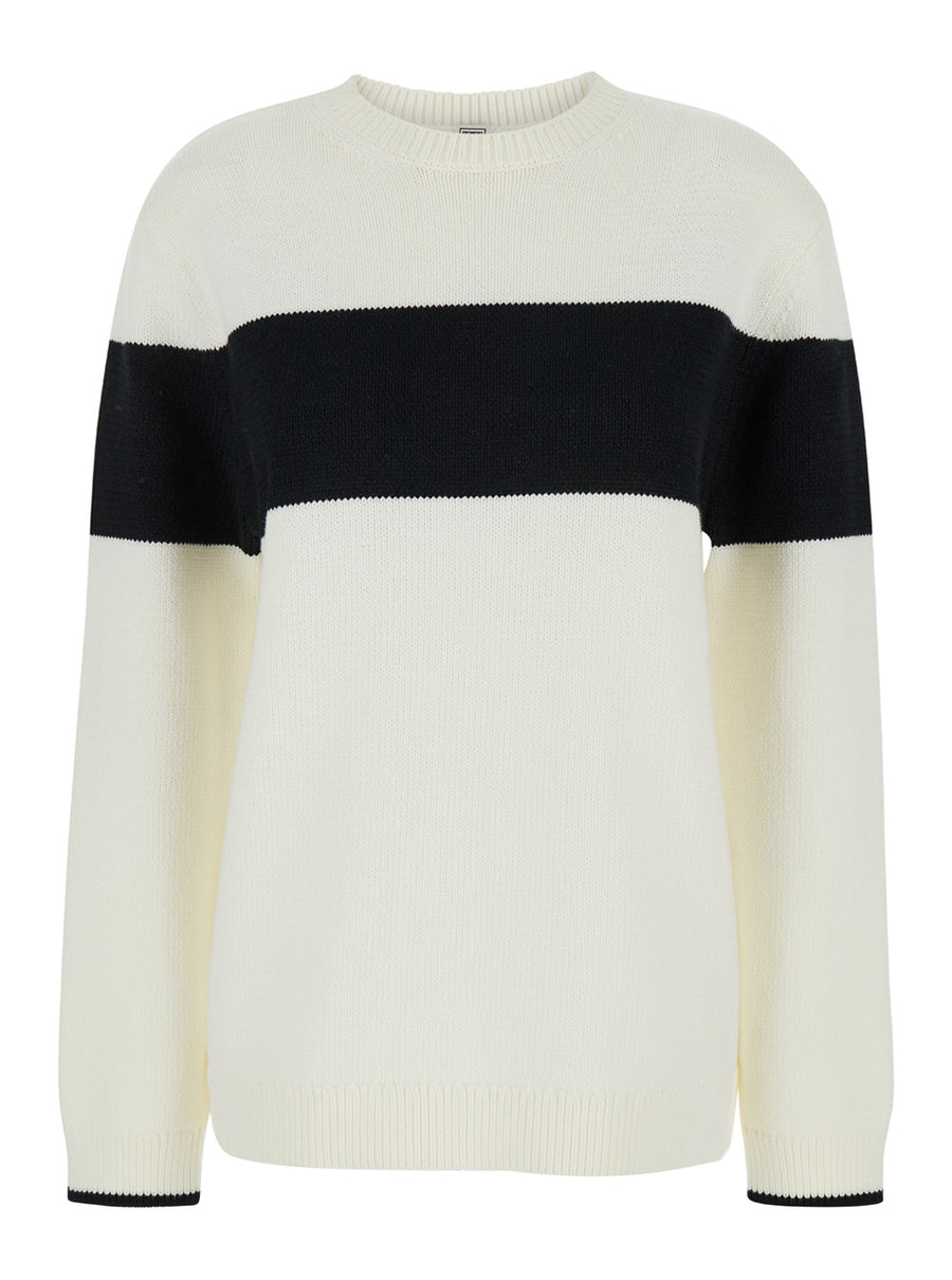 White Cotton Blend Sweater With Stripes Tops